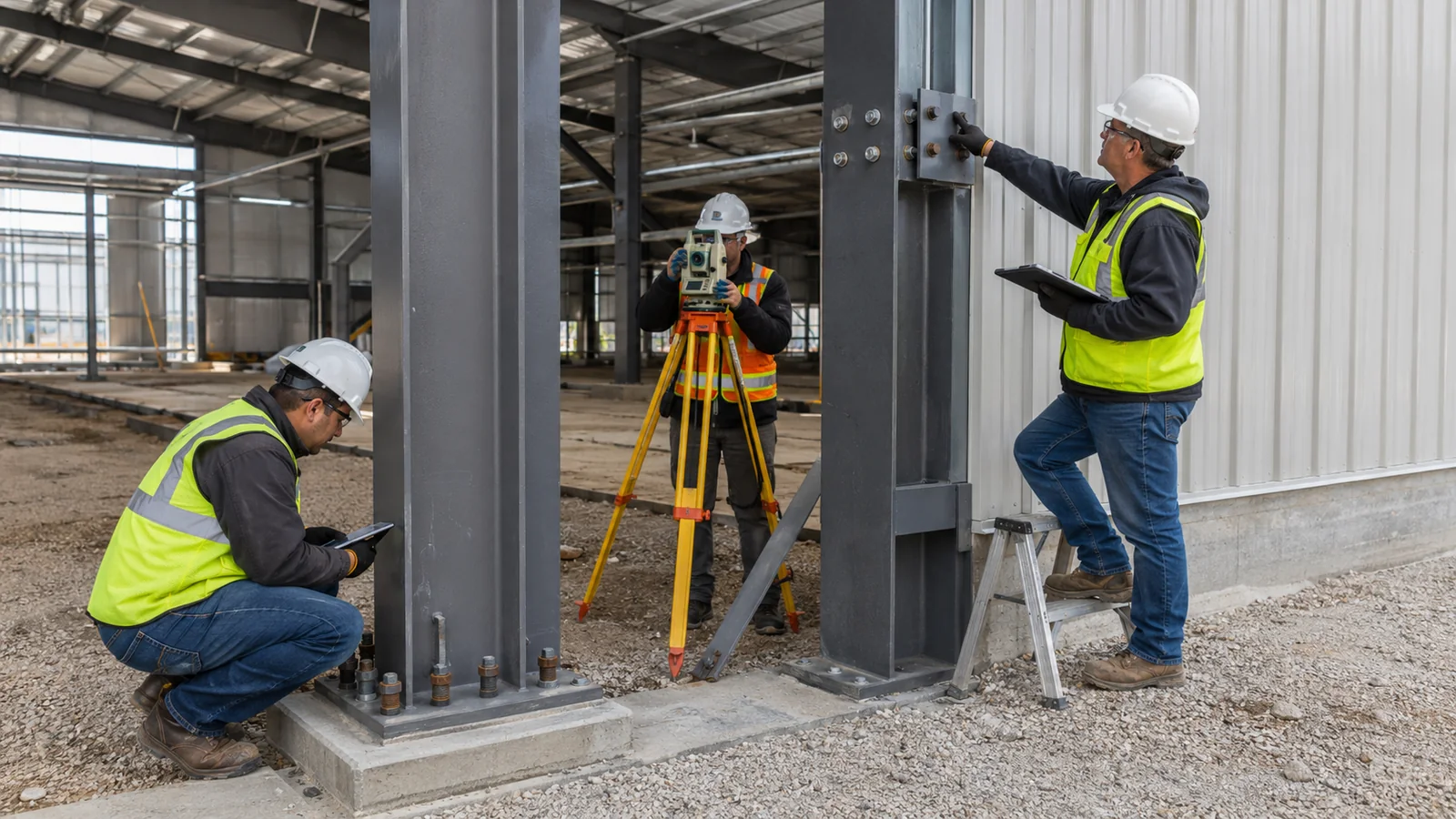 Inspector, surveyor, and site supervisor checking steel frame alignment and base connections.