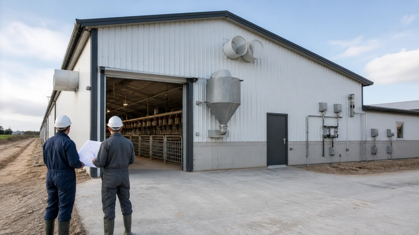Completed steel pig farrowing building with service access and project representatives outside.
