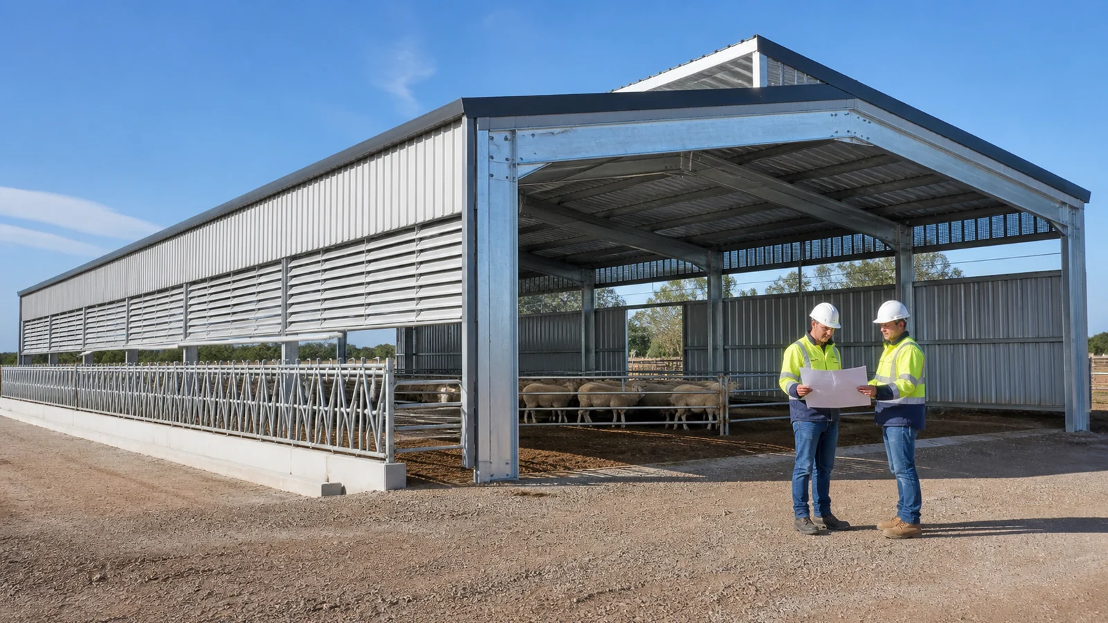 Completed steel sheep shed with open feed access, ridge ventilation and project team outside.