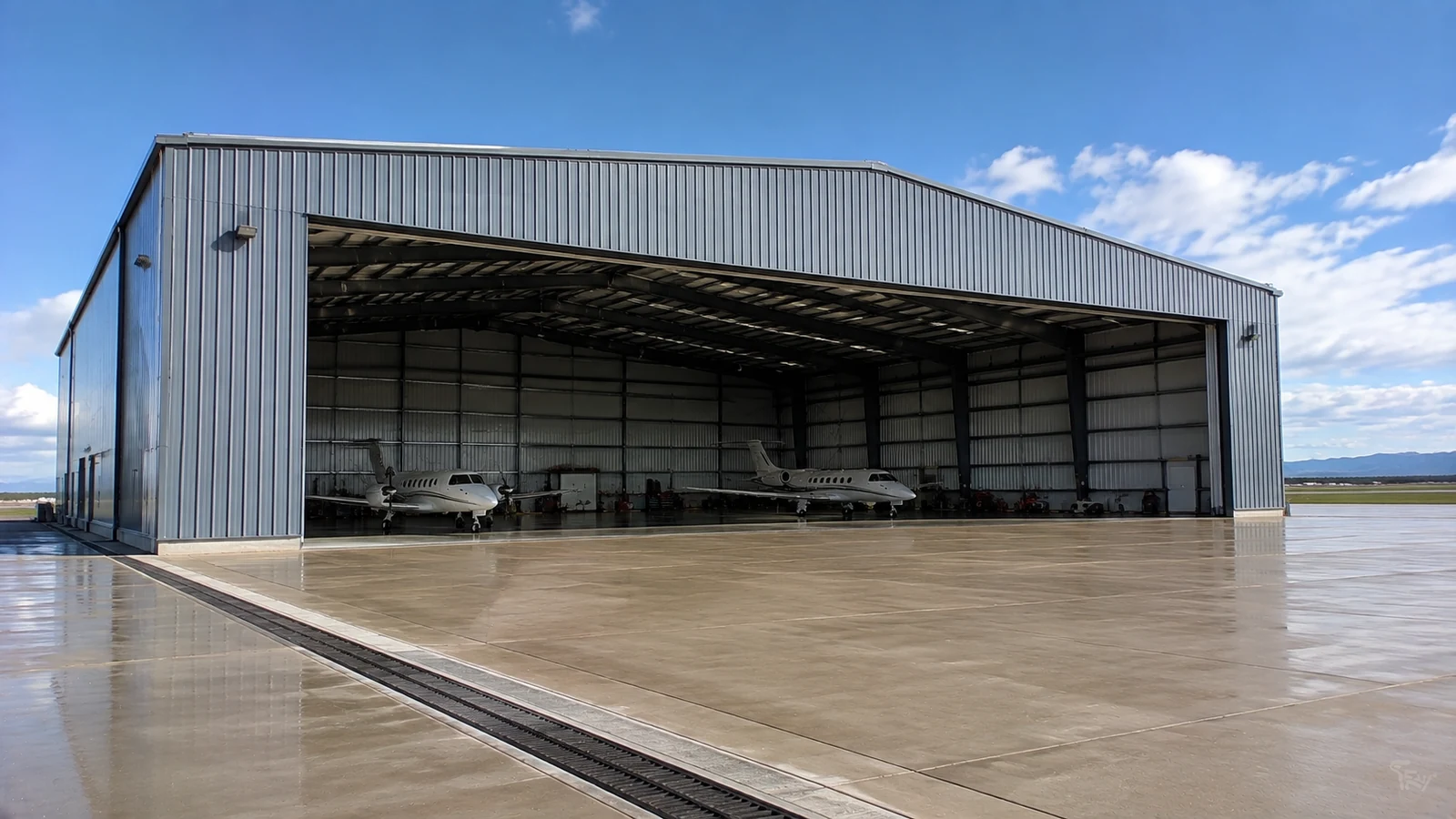 Completed steel aircraft hangar with a wide open door, aircraft bays, and a drained apron.