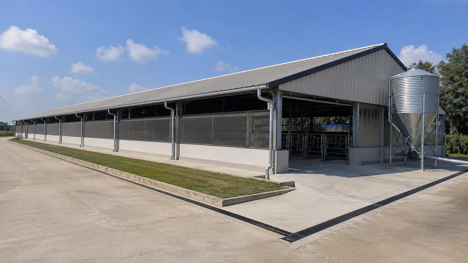 Completed steel pig house with gutters, yard drainage, and service access.