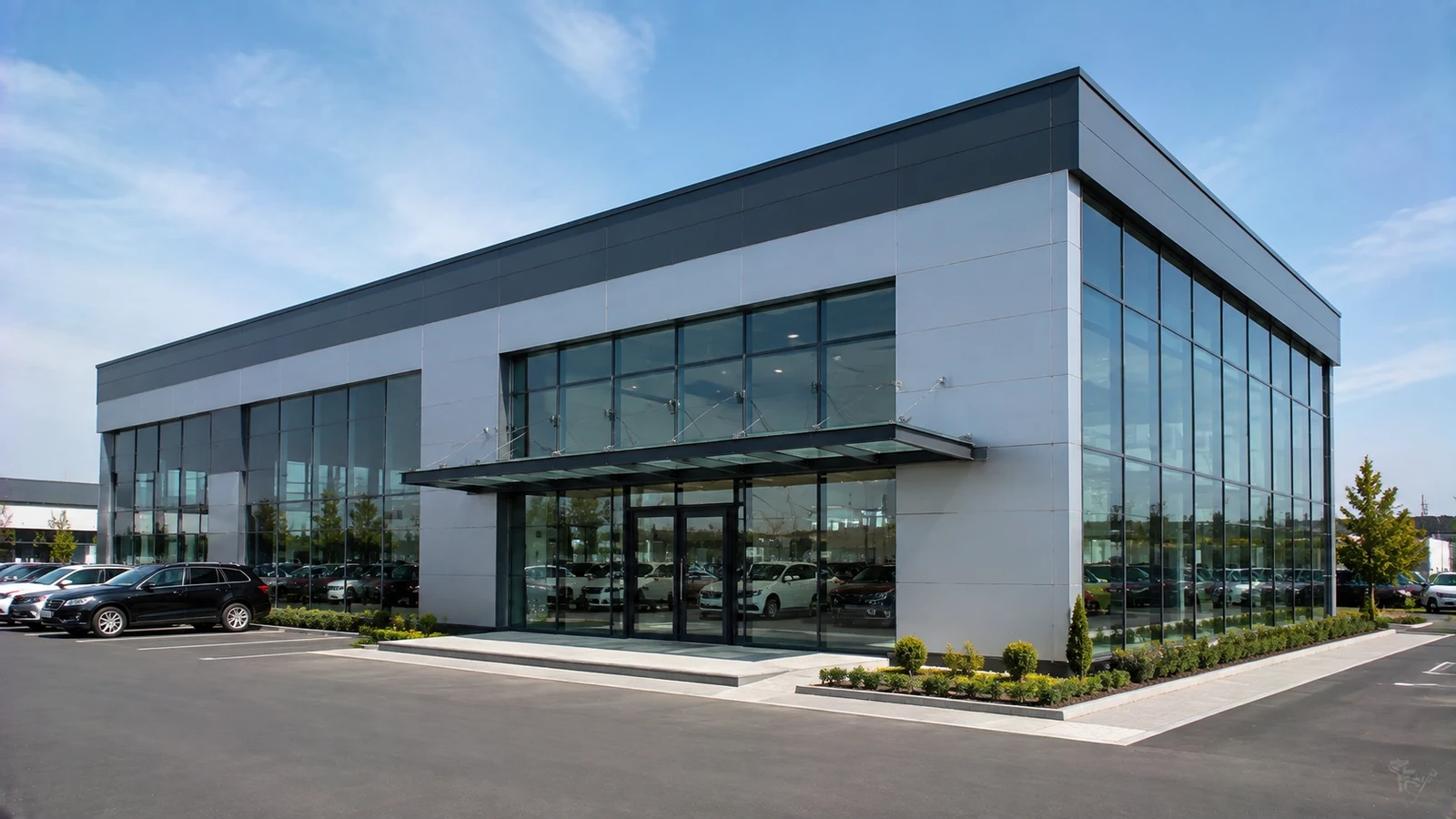 Completed steel car showroom with a glass curtain wall, metal panels, and entrance canopy.