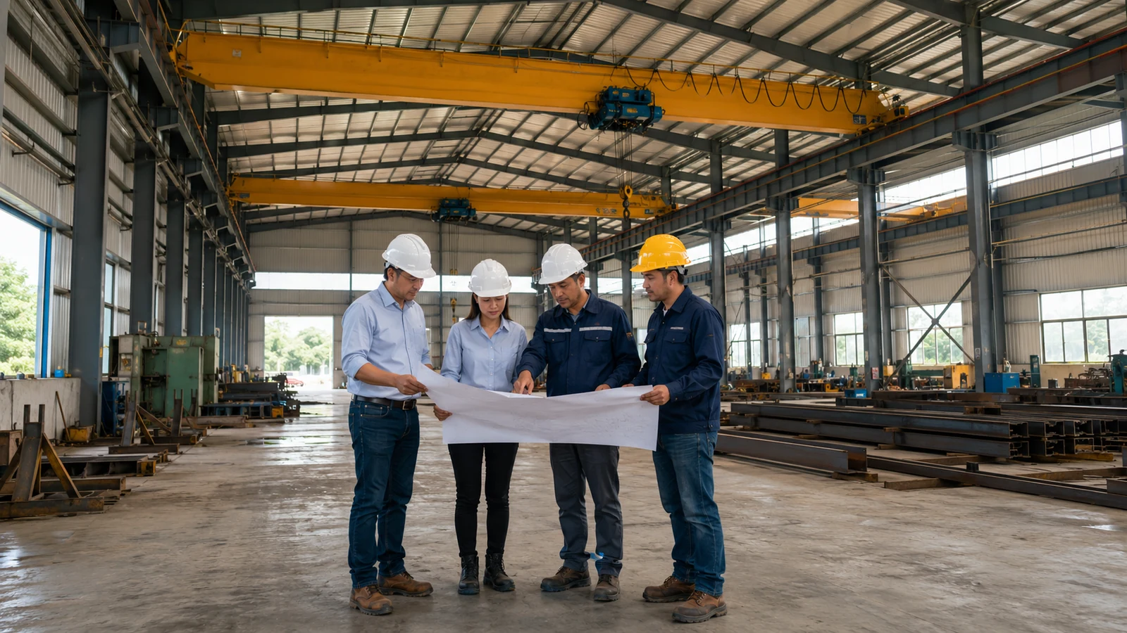 Project owner, engineer, crane specialist, and steel supplier review drawings inside a crane-served workshop.