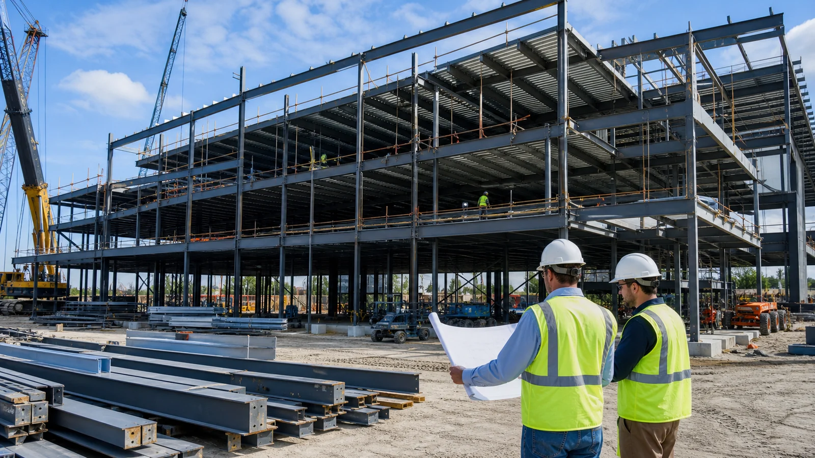 Multi-storey steel frame, staged members and project team prepared for construction review.
