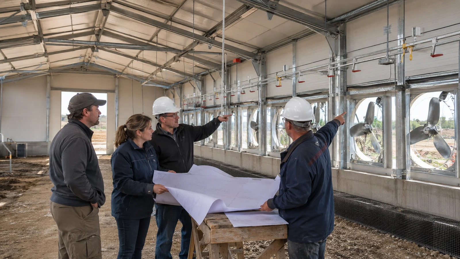 Project team reviewing steel framing, fan openings, and equipment interfaces inside a poultry house under construction.