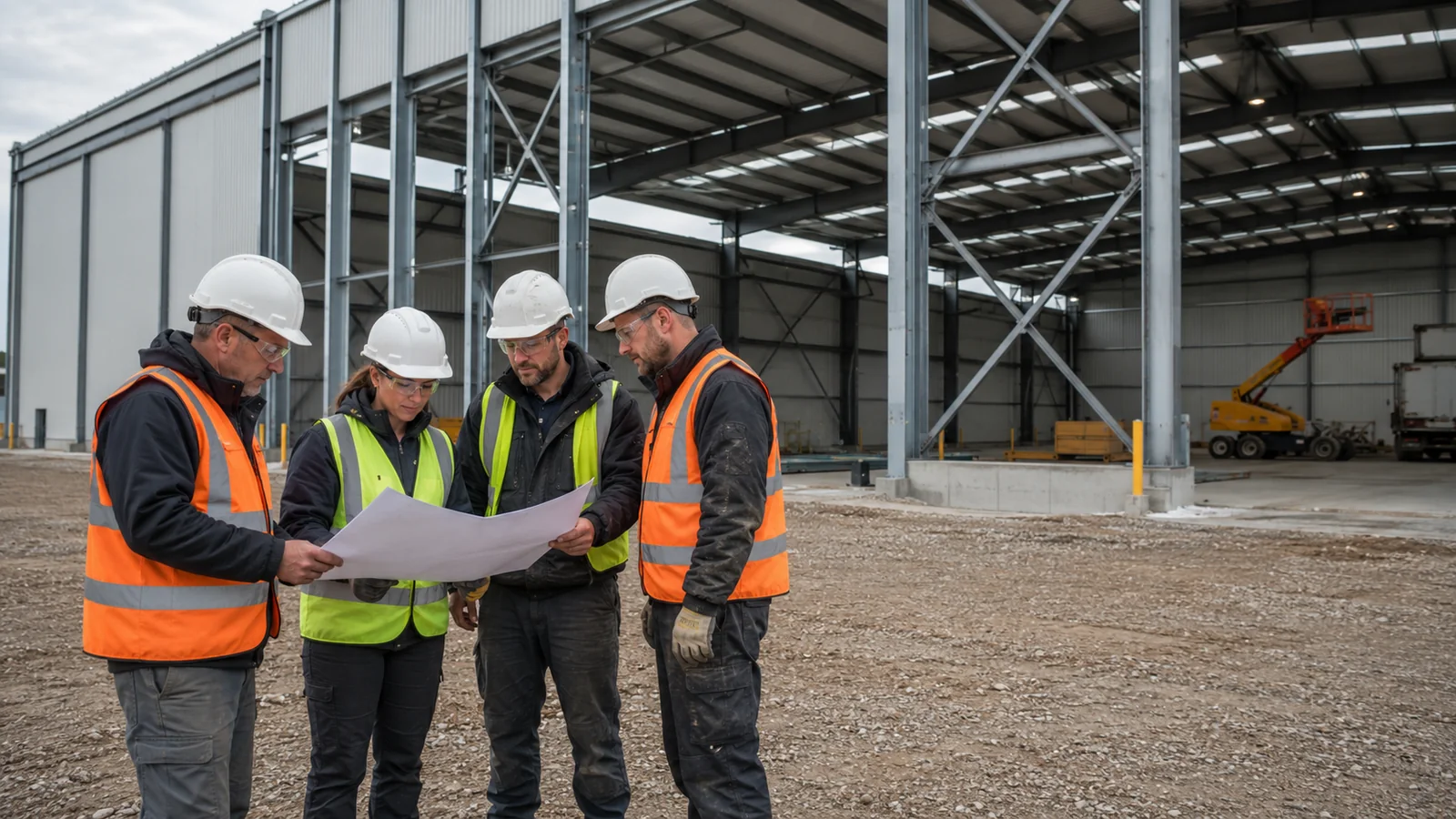 Buyer and erection team reviewing a nearly completed industrial steel building before project award.