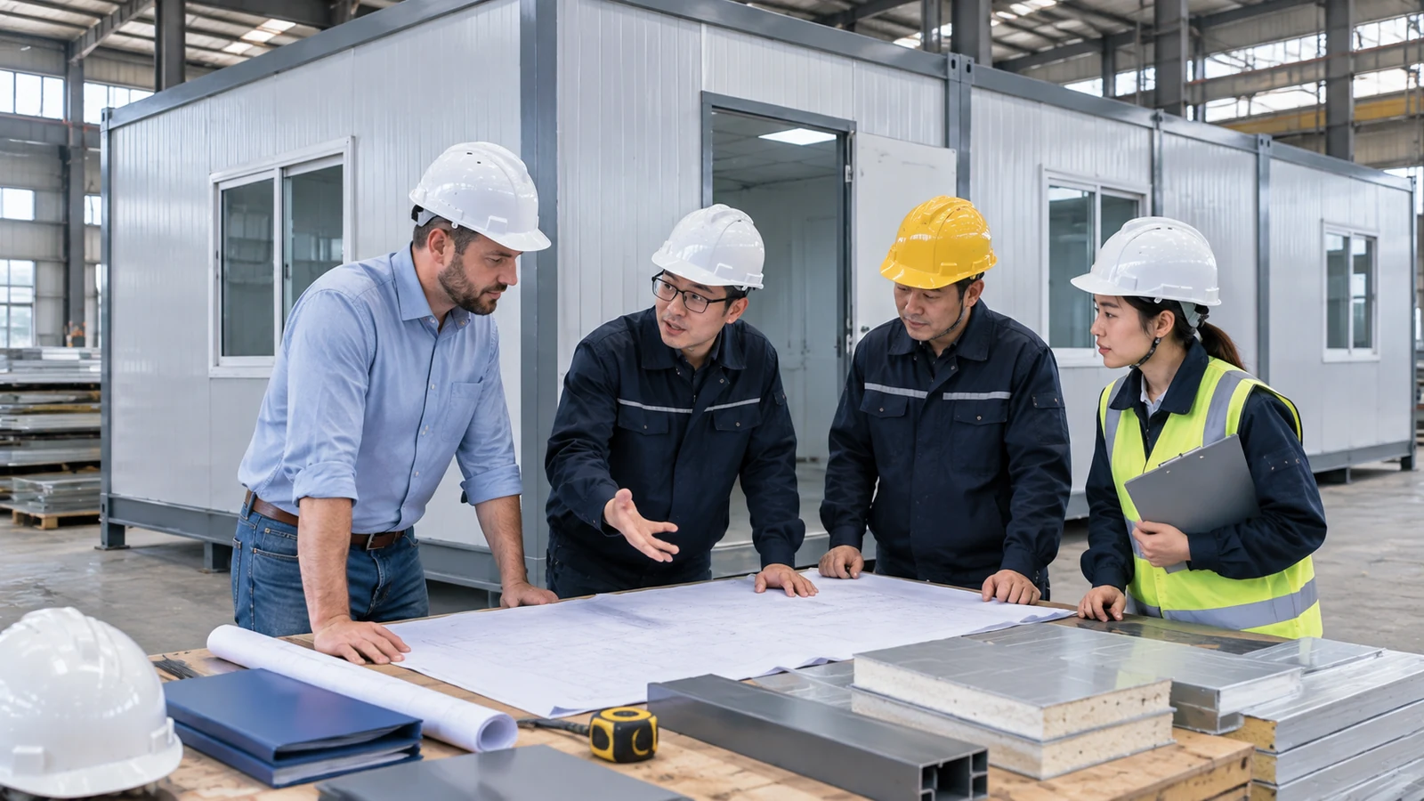 Buyer, engineer, fabricator, and logistics coordinator review a completed prefabricated office module.