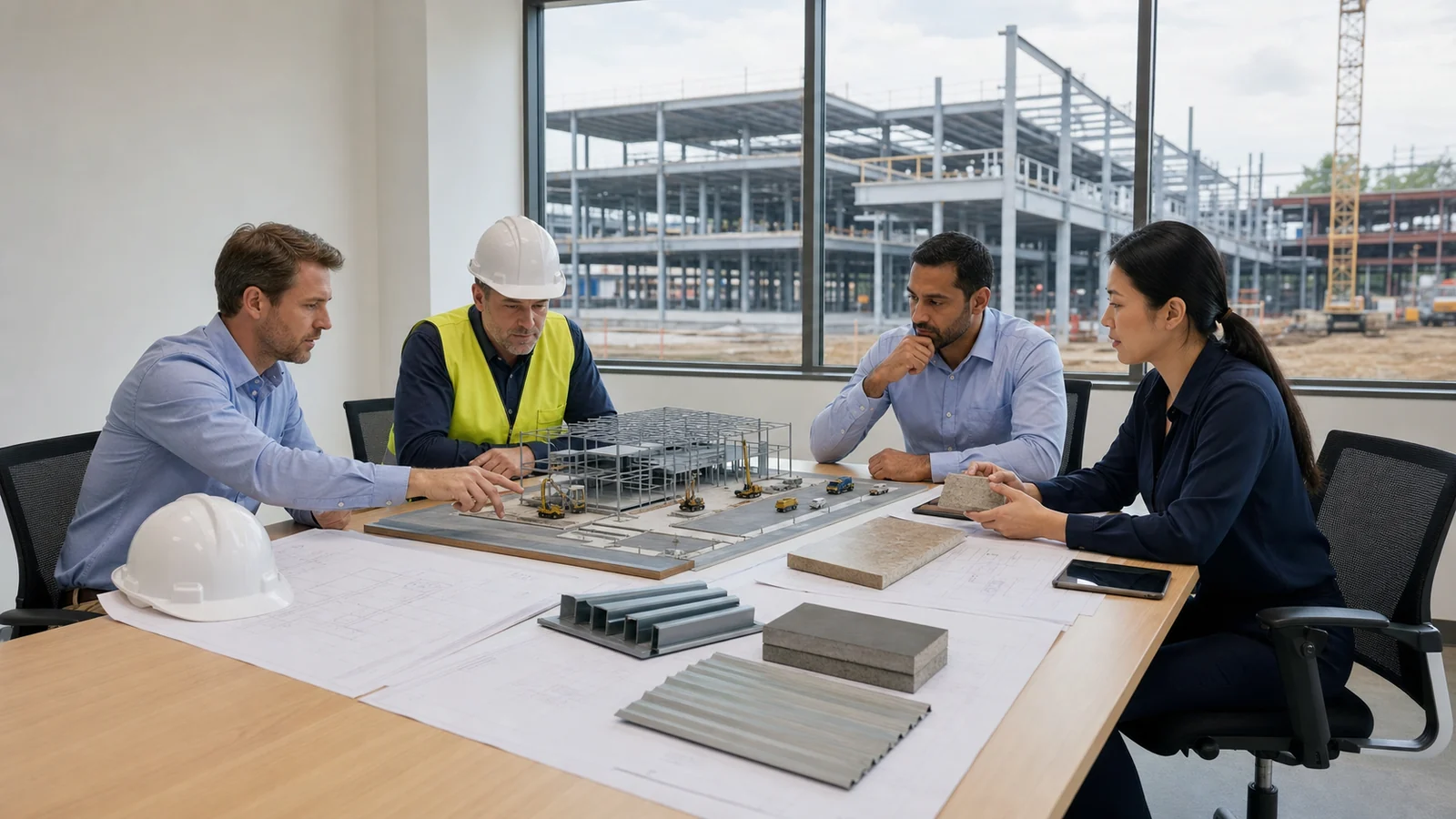 Buyer team reviews a steel shopping mall model, material samples, and RFQ scope.