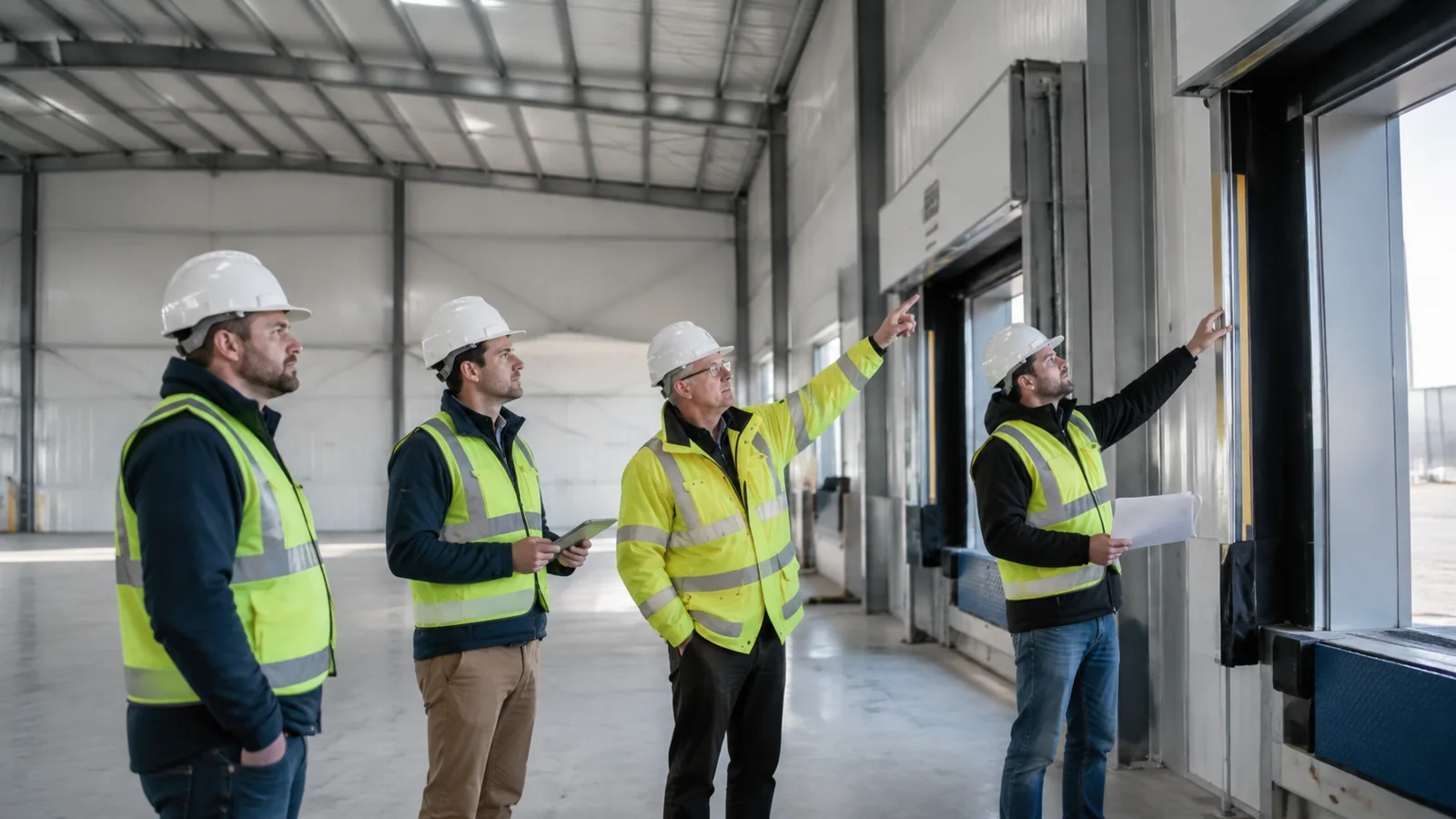 Project team conducts a final technical walk-through at insulated warehouse loading-dock interfaces.
