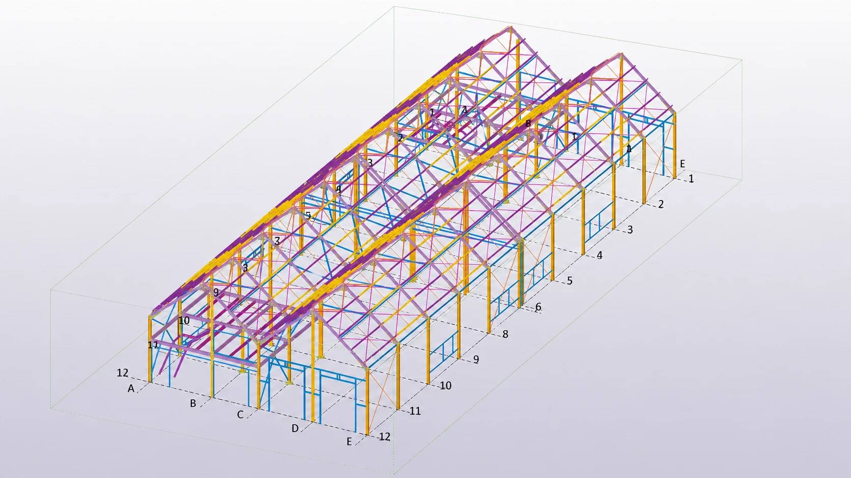 3D structural model of the Romania steel warehouse showing twin-gable frames, bracing and member layout.