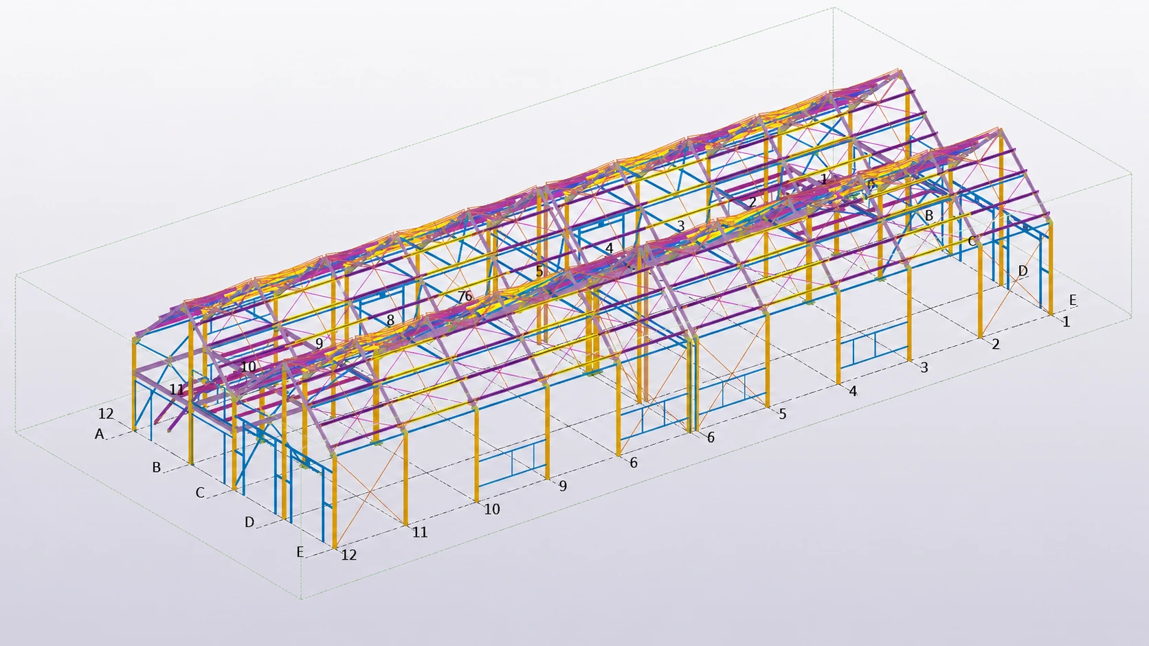 3D model of the 51 m × 20 m × 6 m Romania steel warehouse showing twin-gable portal frames, bracing and member layout.
