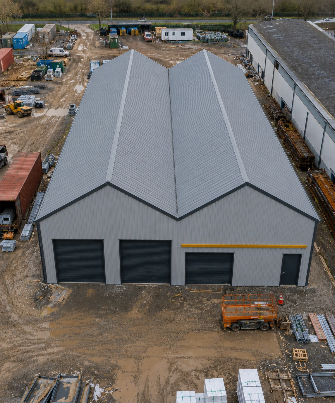 Aerial view of the completed prefabricated steel warehouse in Romania with twin-gable roofs and three roller doors.