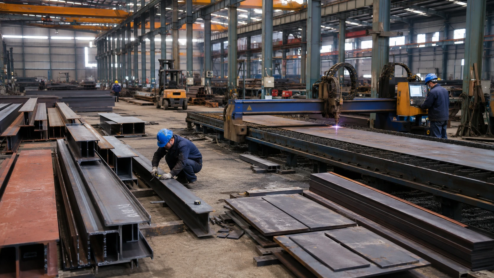 Workers measure steel beams beside a CNC plasma cutting machine during fabrication for the Romania warehouse project.
