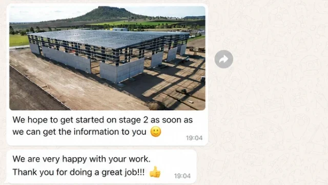 Client feedback sharing steel frame installation progress and expressing satisfaction with the completed fabrication work.