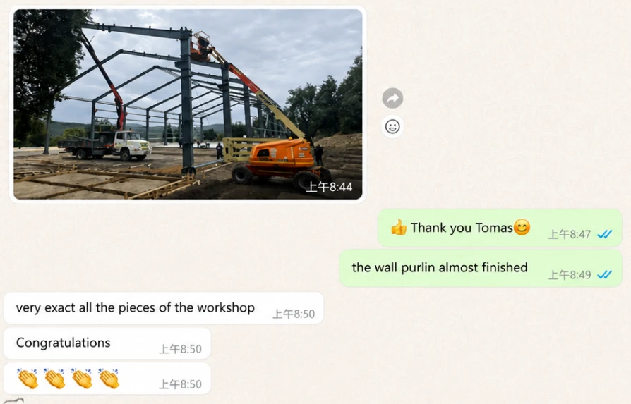 WhatsApp client feedback praising accurate steel workshop components during on-site frame erection.