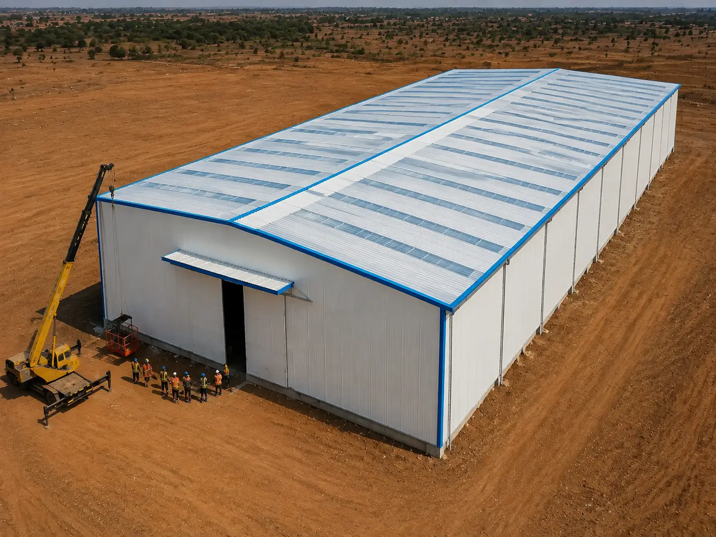 Aerial view of completed Niger steel structure warehouse with roof daylighting panels and large sliding door