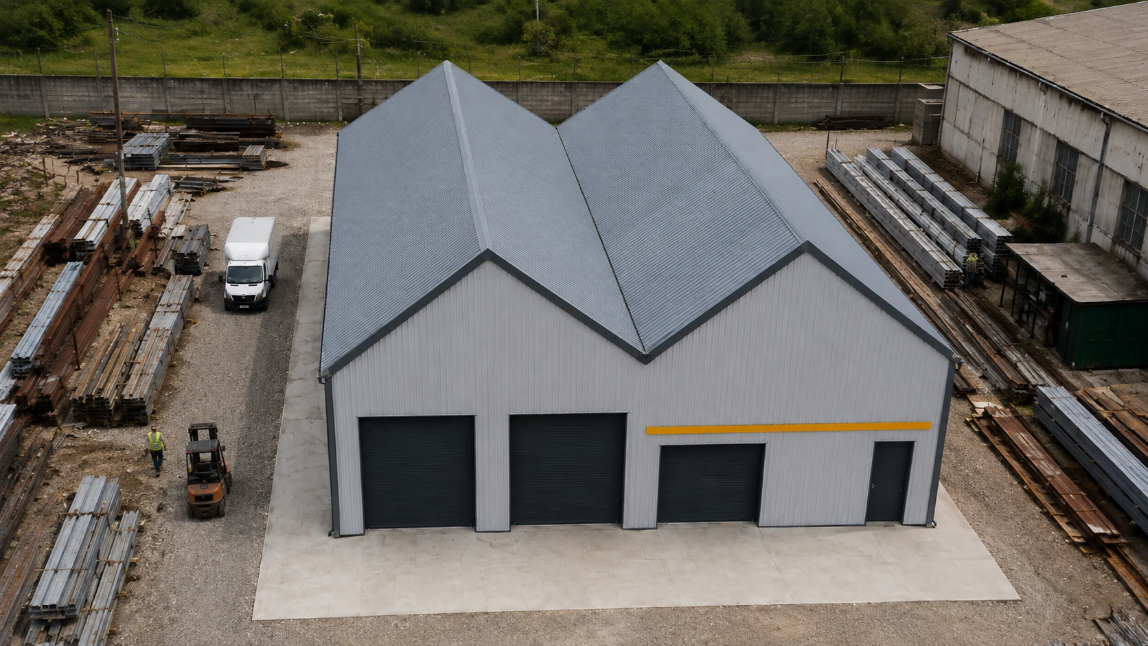 Aerial view of the completed prefabricated steel structure warehouse with gray roofs and white wall panels in Cluj, Romania.