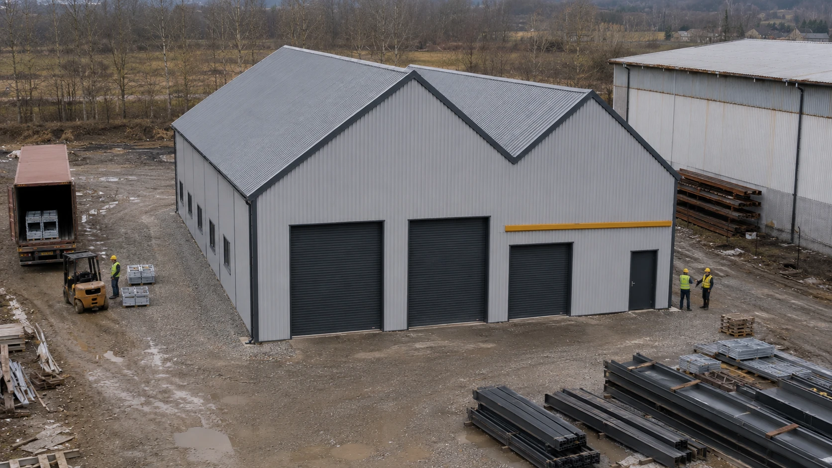 Aerial view of the completed Romania steel warehouse with twin gable roofs, roller doors and clad exterior walls.