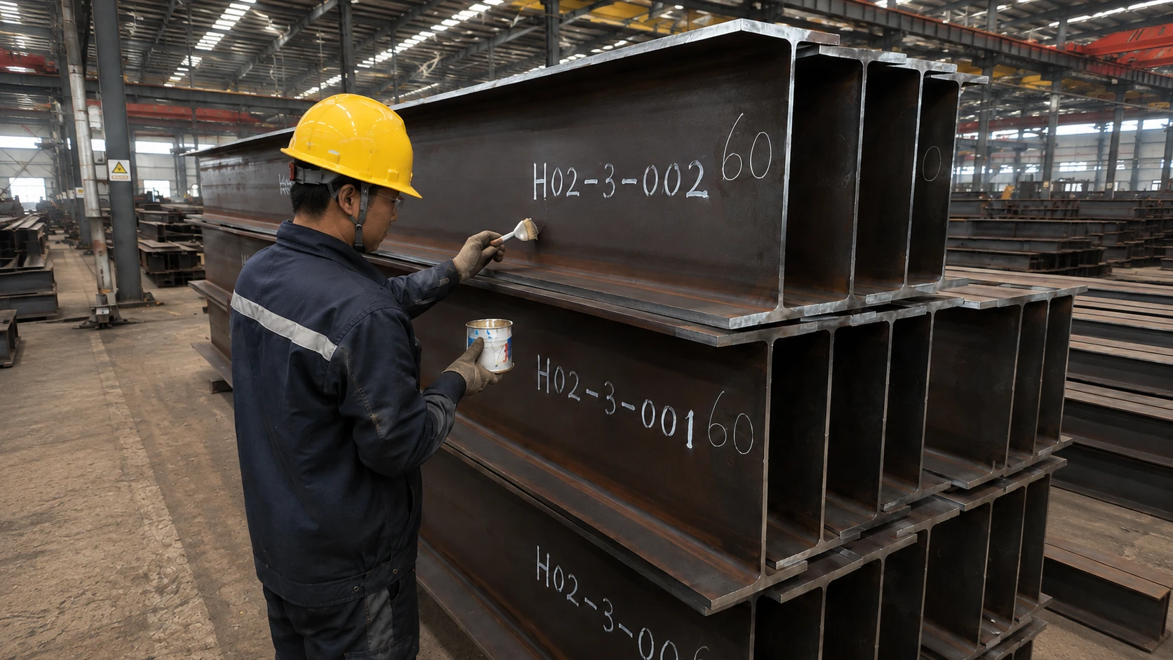Worker marks identification numbers on fabricated steel beams for the Romania warehouse project before packing and shipment.