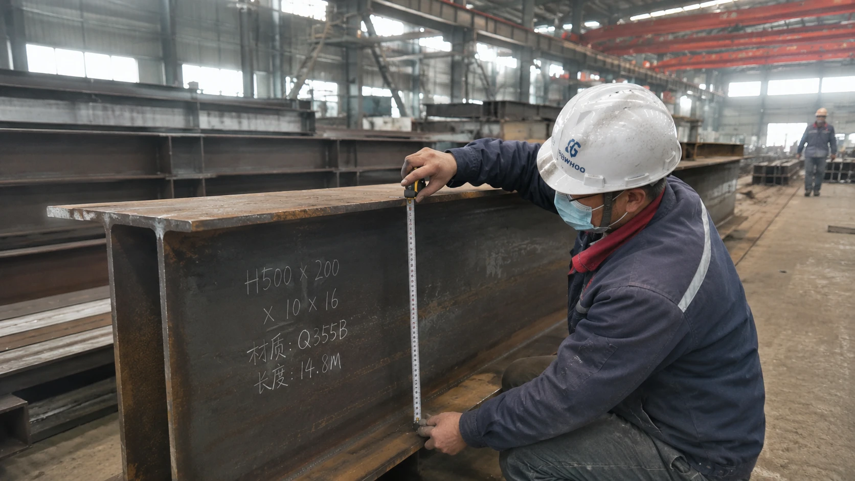 Worker performing dimensional inspection on a Q355B H-beam in the steel structure fabrication workshop.