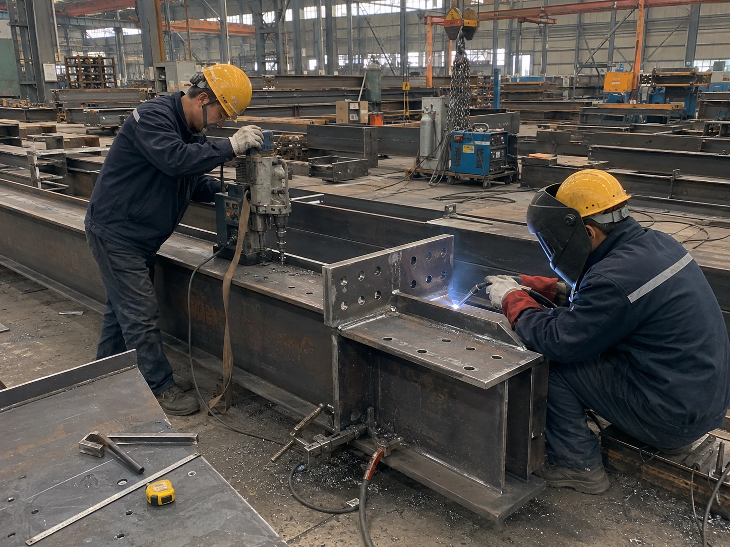 Workers drill bolt holes and weld connection plates on steel members for the Romania warehouse project.