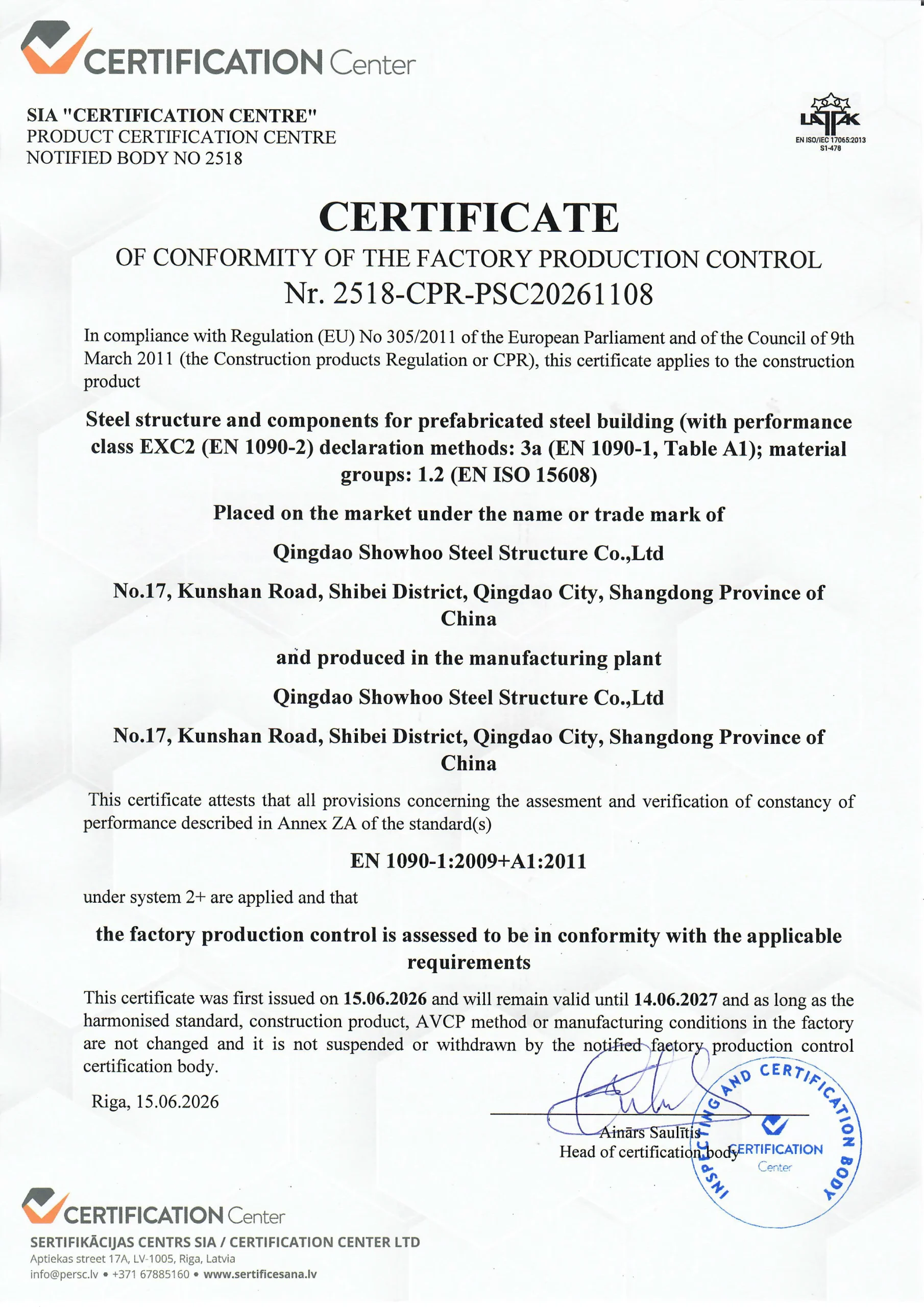 Factory Production Control certificate for prefabricated steel structures and components compliant with EN 1090-1 and EXC2.