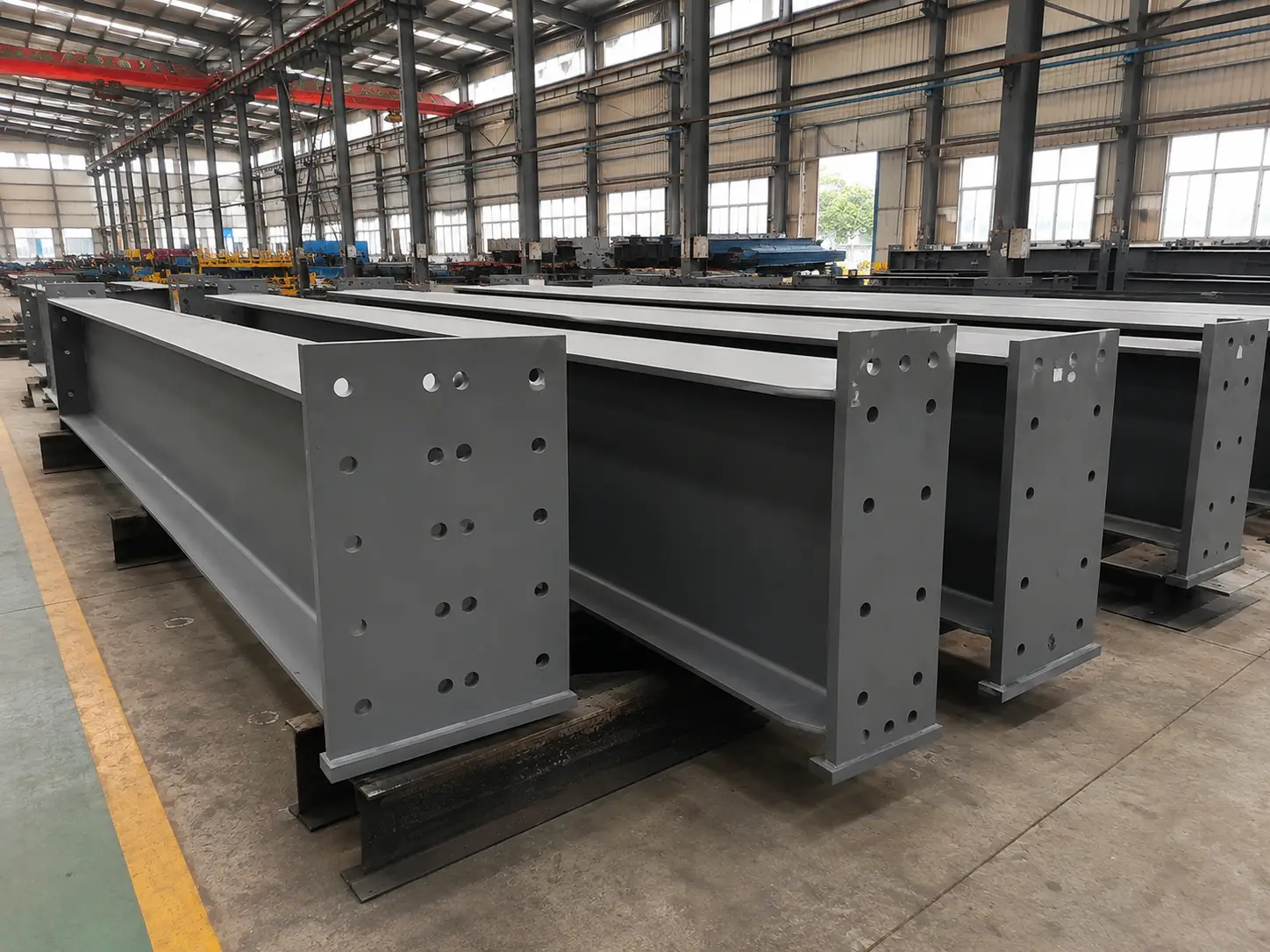 Fabricated H-section steel components with end plates and bolt holes prepared for quality inspection