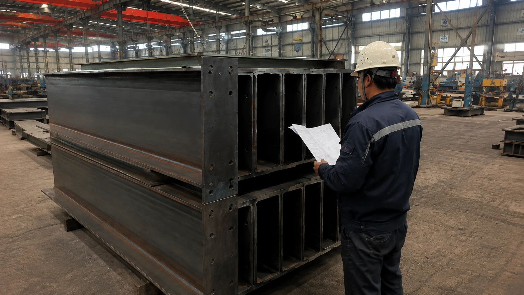 Final inspection of fabricated steel beams and connection plates against drawings for the Romania warehouse project.