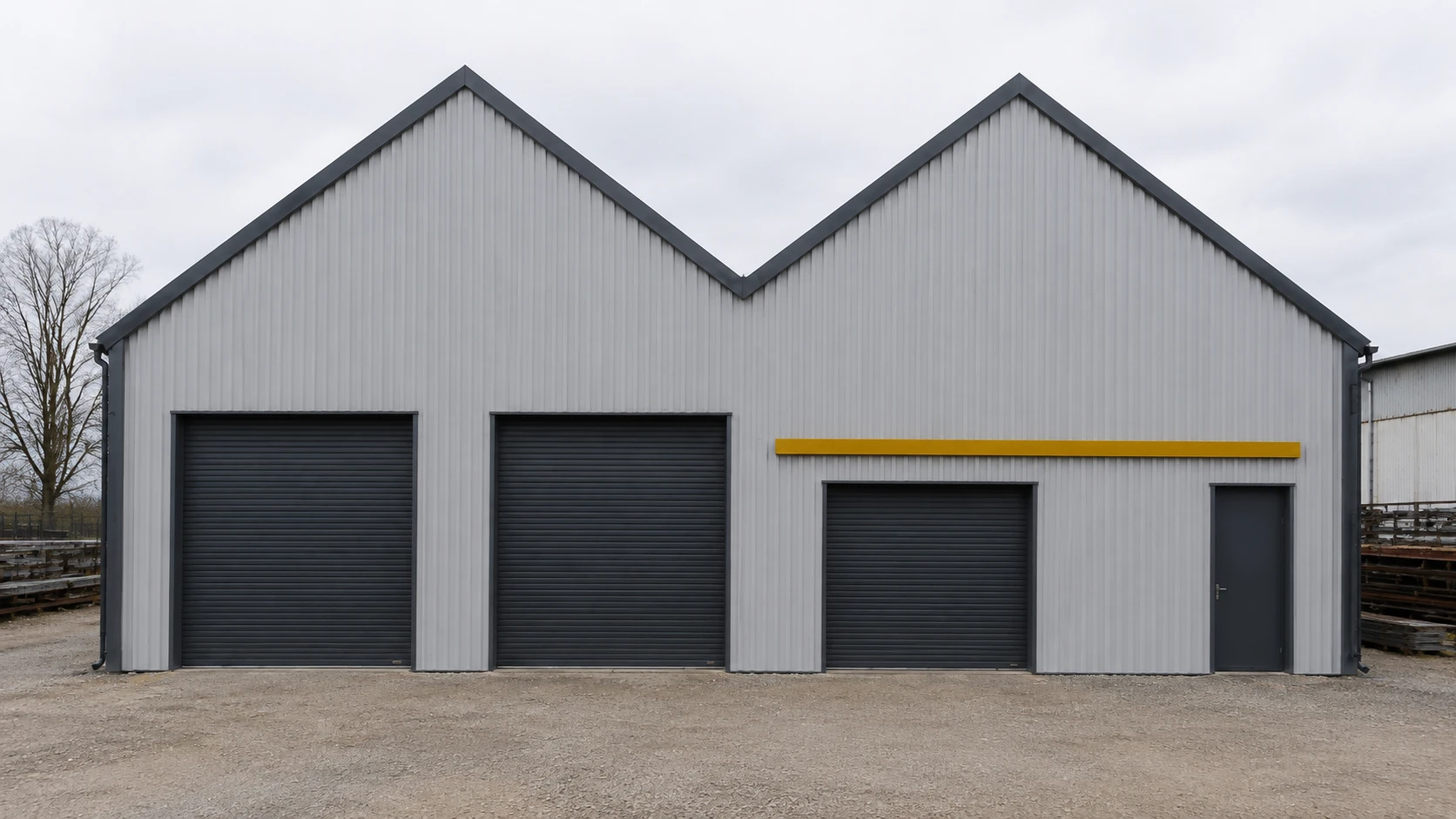 Front view of the completed Romania steel structure warehouse with twin gables, three roller doors and a personnel door.