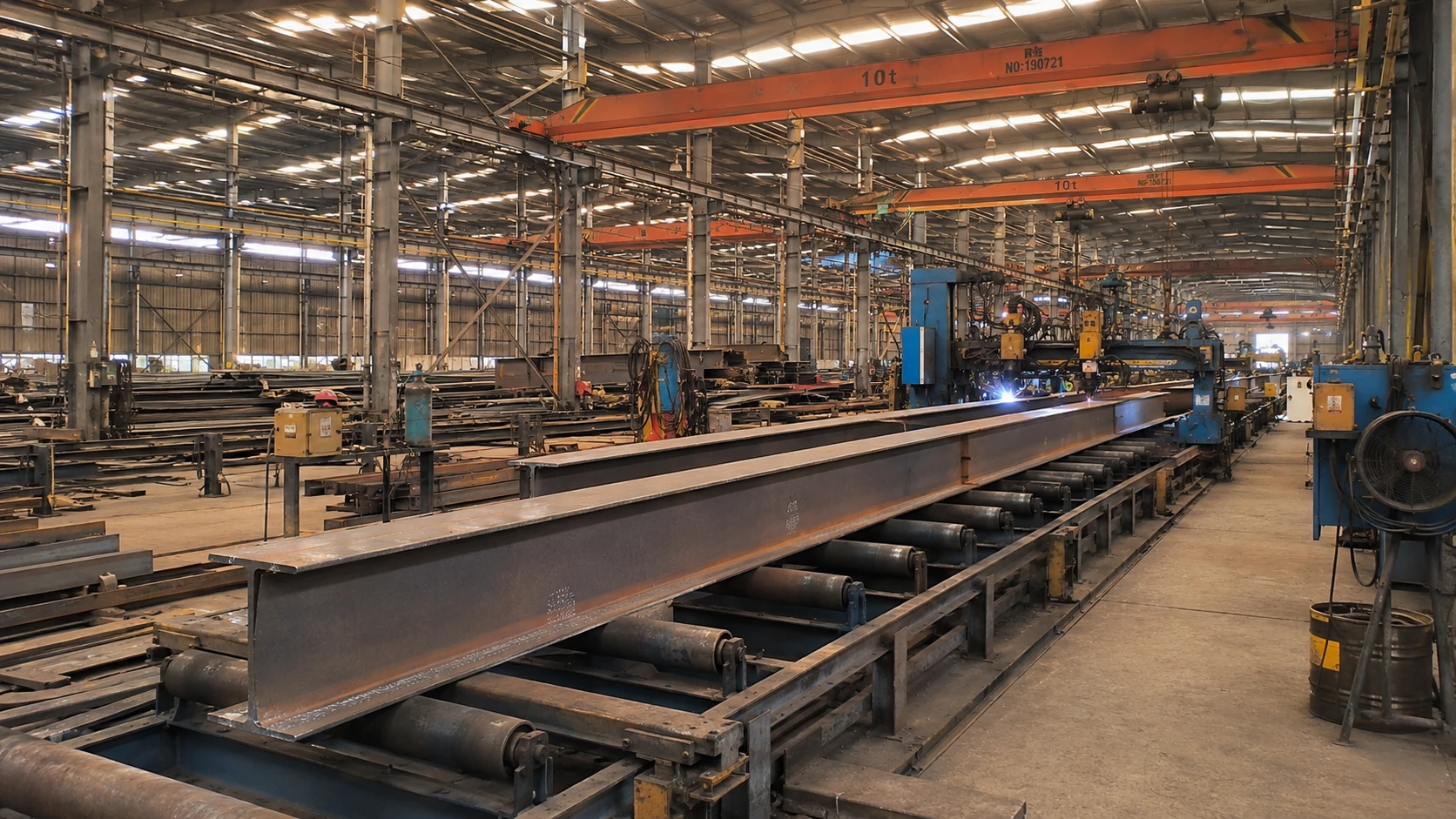 H-beam production line fabricating structural steel beams with automated welding equipment inside a steel structure factory.