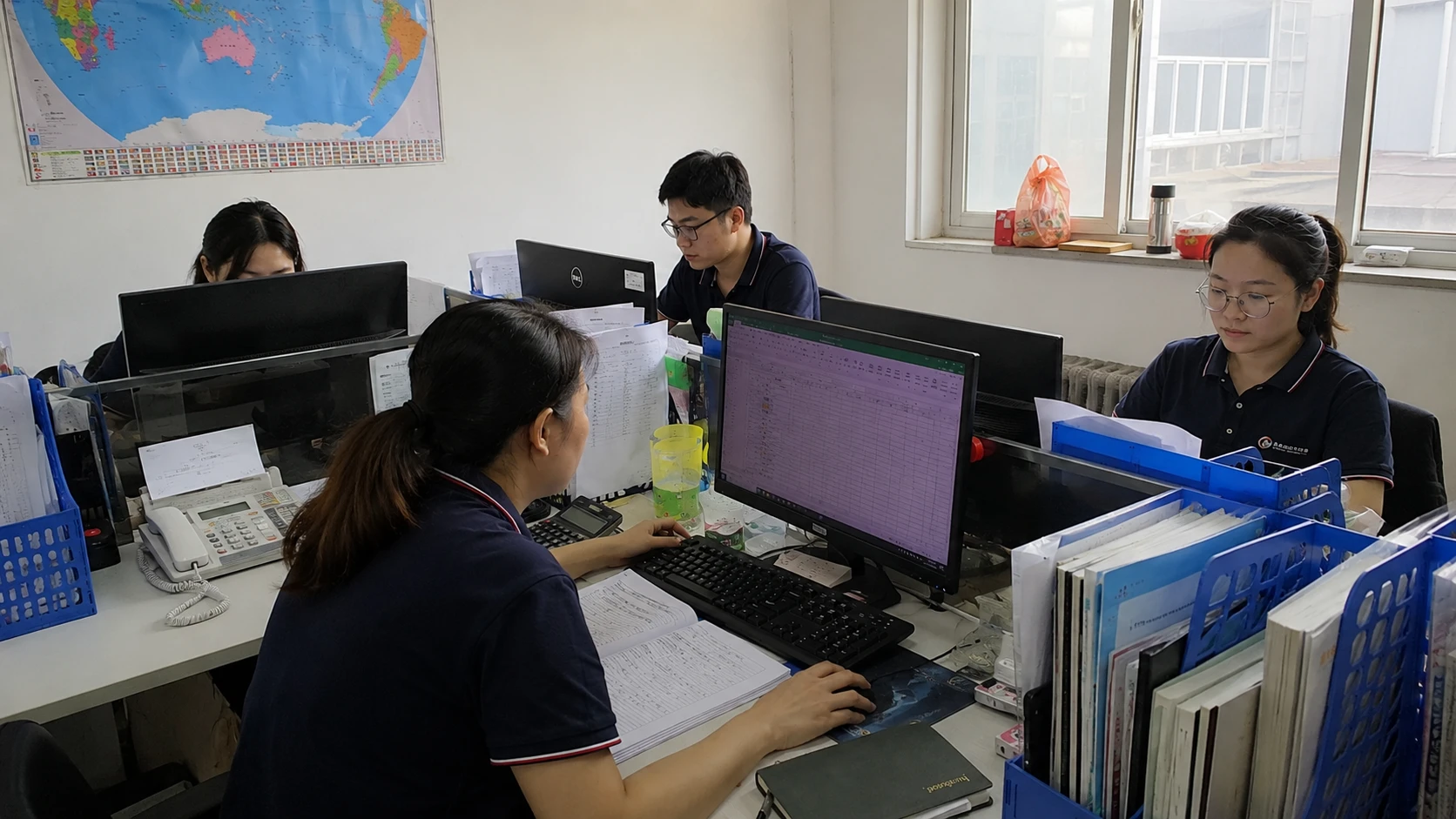 International trade team handling steel structure project orders, documentation, and global customer support.