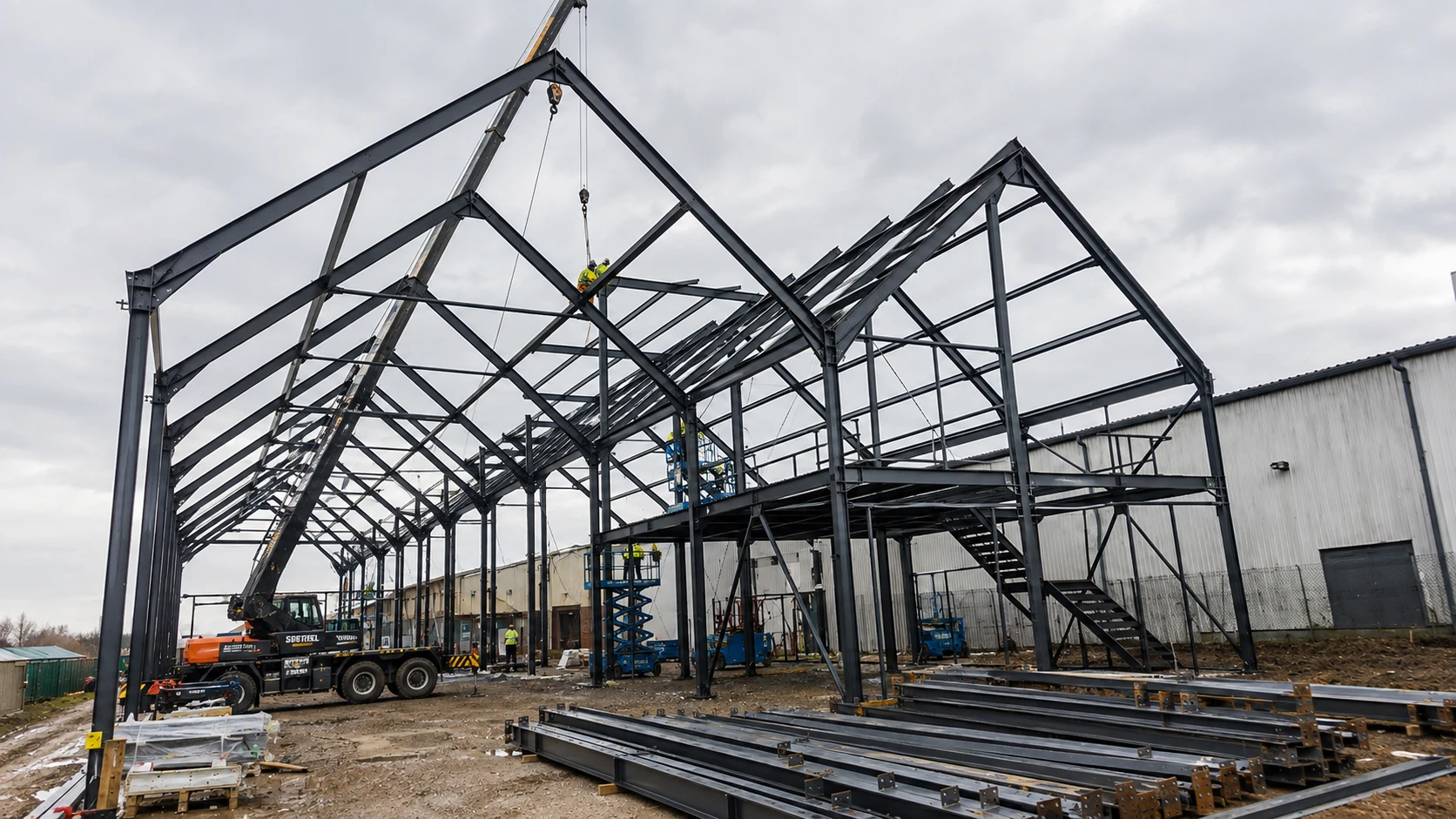 Main steel portal frames and roof framing being erected by crane for the Romania steel structure warehouse.