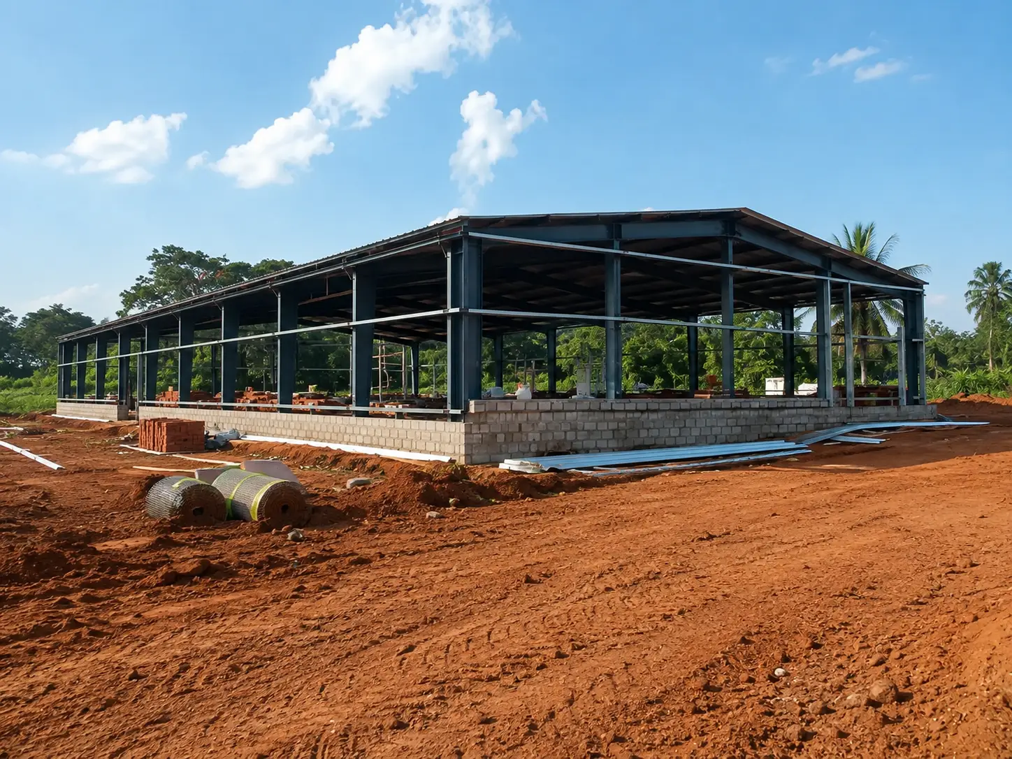 Mexico steel structure egg warehouse under construction with portal frame and brick wall base