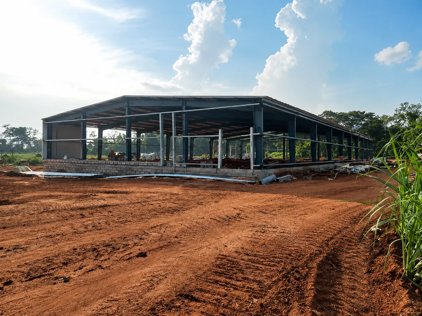 Steel frame for an egg storage warehouse under construction in Mexico with partial roofing and masonry base walls.