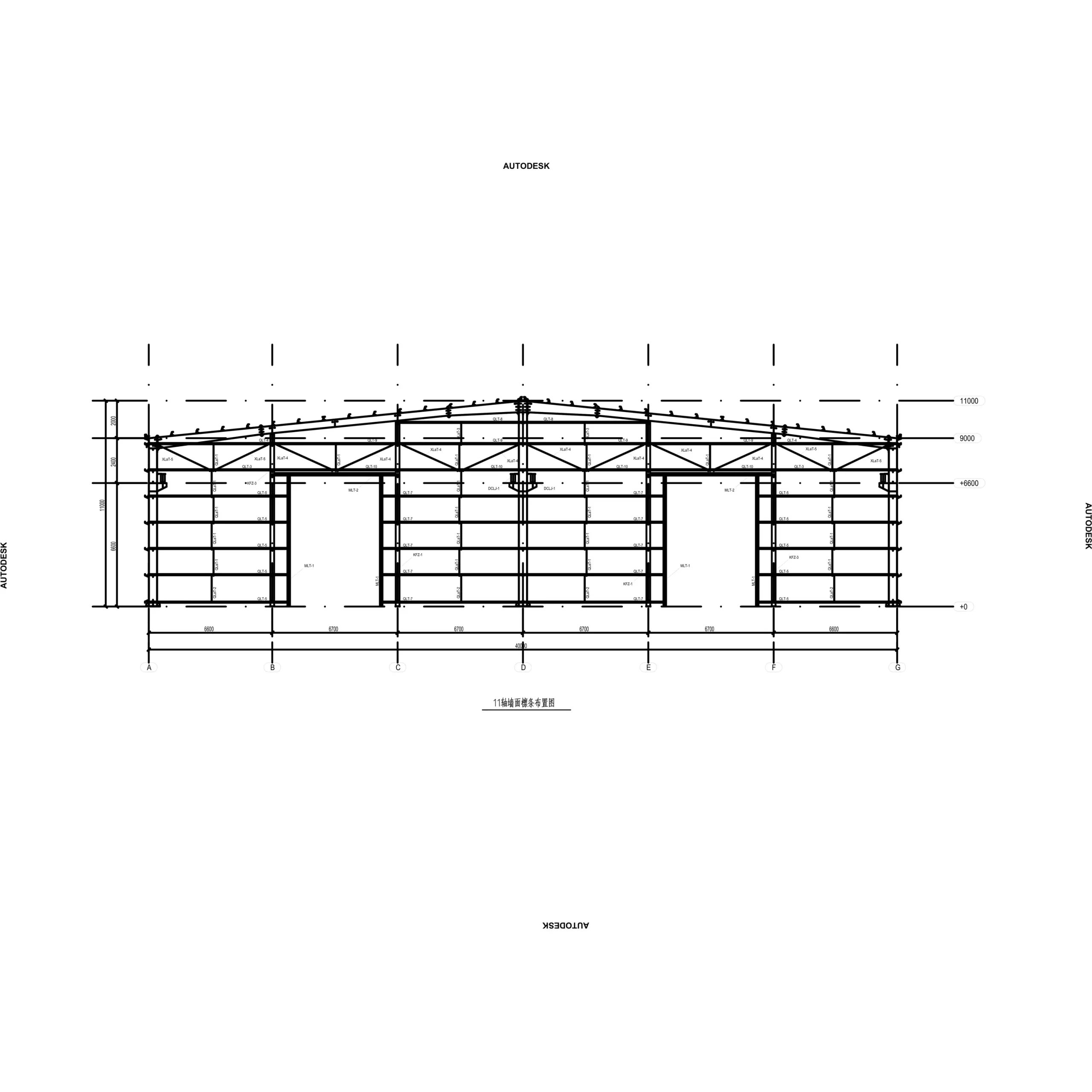 Niger steel structure warehouse elevation drawing showing large door openings, columns, roof beams and bracing