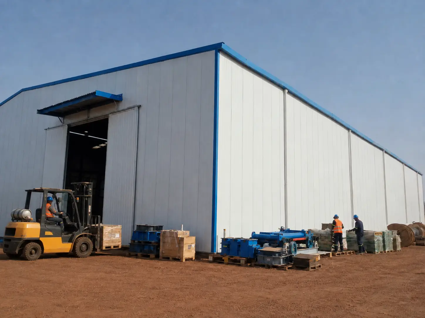Niger steel warehouse exterior with forklift handling stored equipment beside the large sliding door