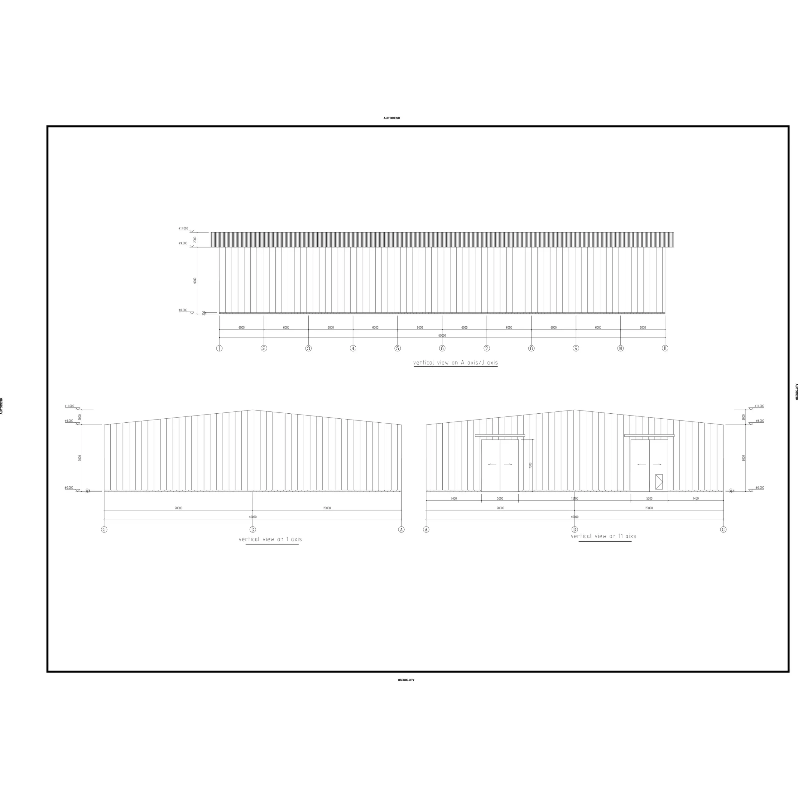 Niger steel structure warehouse elevation drawing showing side and end views with large door openings