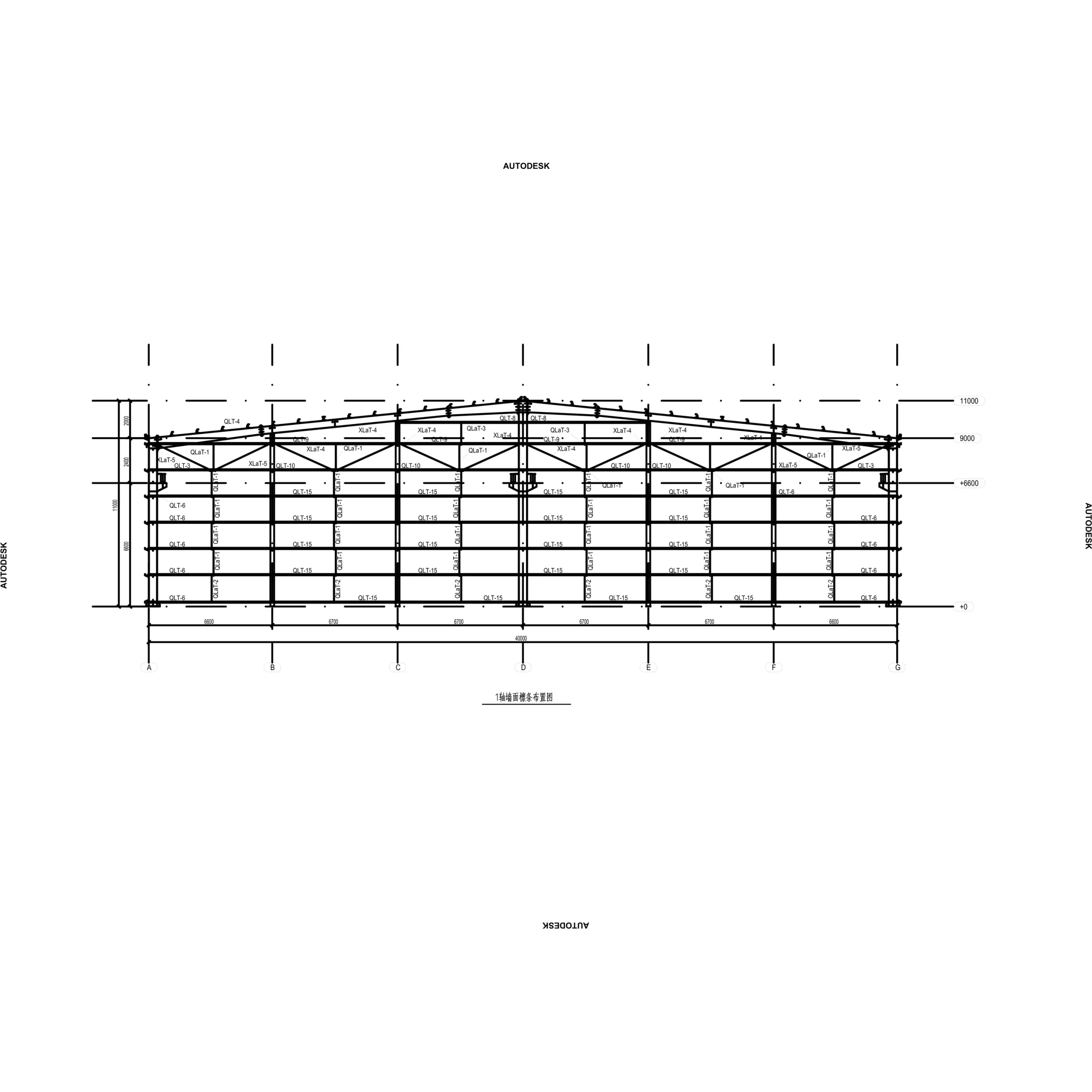Niger steel structure warehouse frame elevation showing columns, roof beams, bracing and building heights
