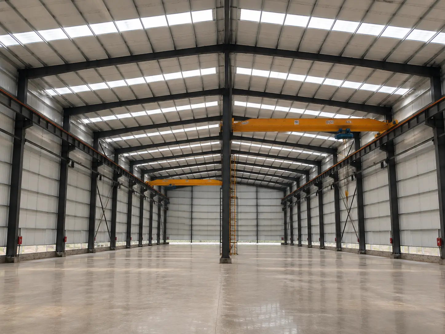 Interior of Niger steel structure warehouse with dual overhead cranes, steel frames and roof daylighting panels
