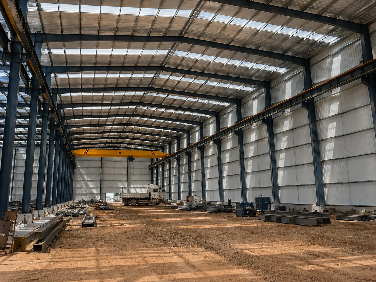 Interior of Niger steel warehouse with 10-ton overhead crane system installed along the crane runway beams