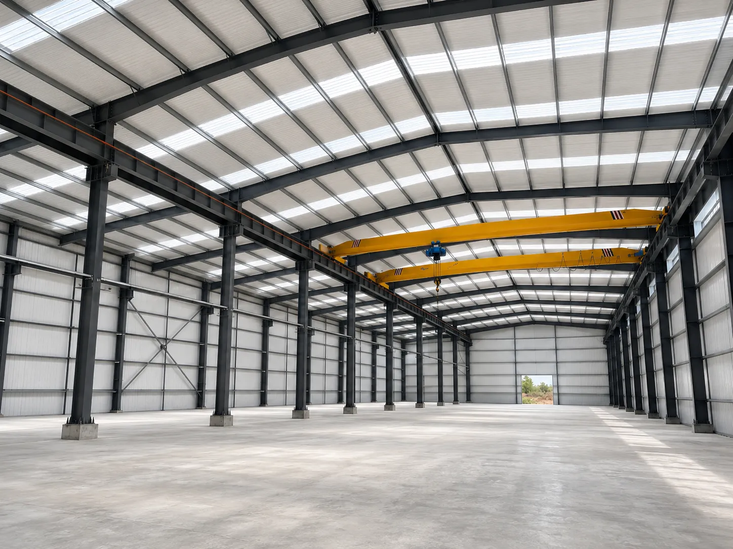 Interior view of Niger steel structure warehouse with overhead crane and roof daylighting panels