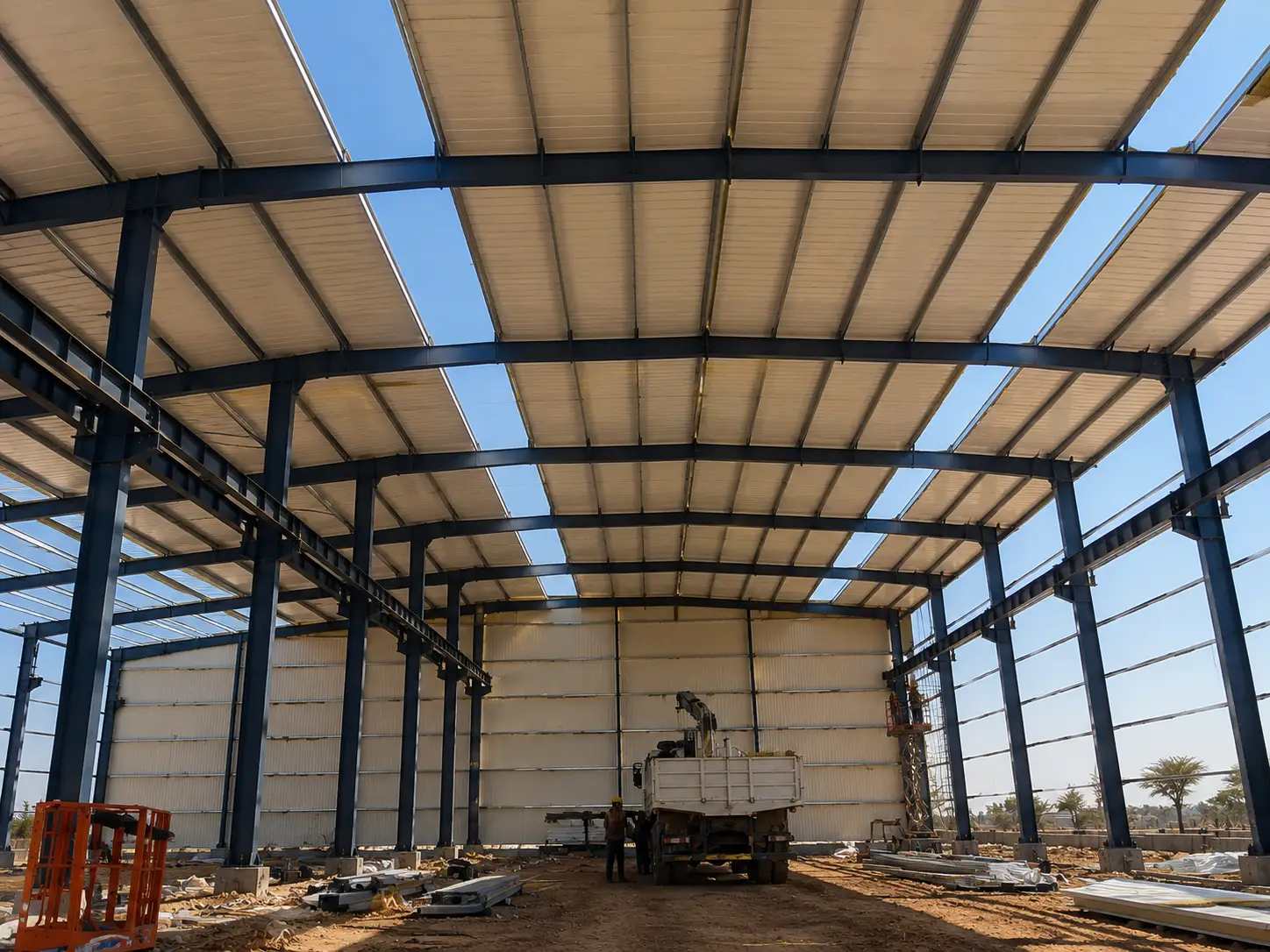 Niger steel warehouse roof with rockwool sandwich panels installed over the main frame