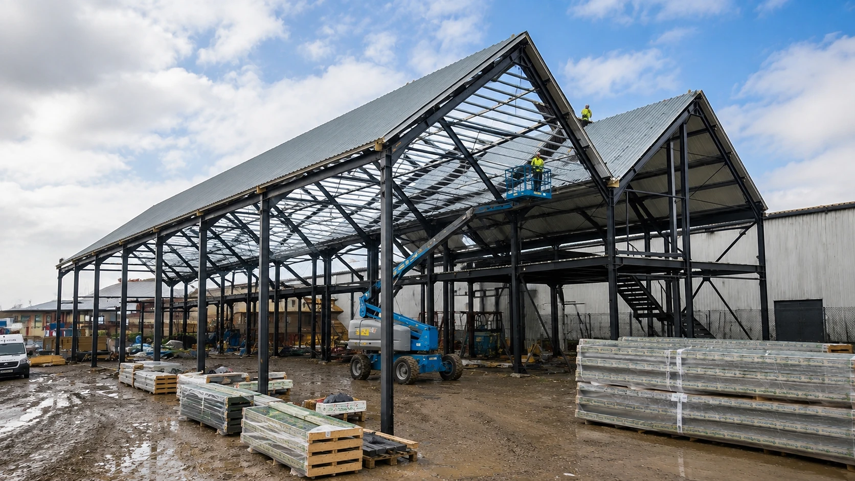 Workers install PU sandwich roof panels on the twin-gable steel frame of the Romania warehouse project.