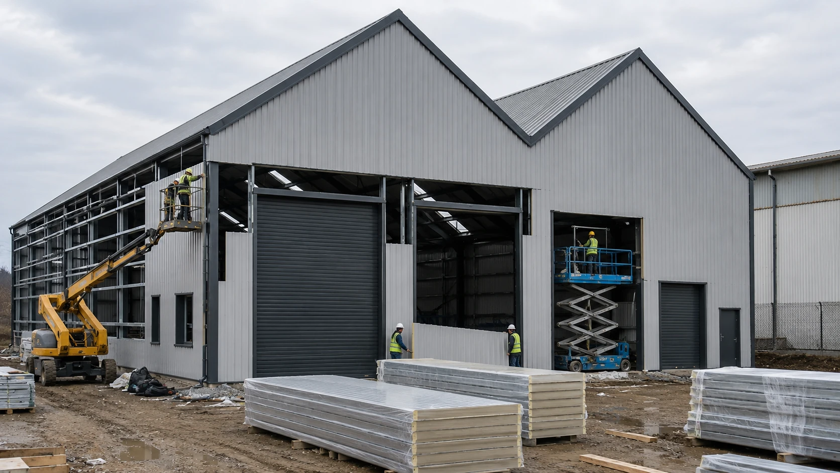 Workers install PU sandwich wall panels on the Romania steel structure warehouse during the enclosure stage.