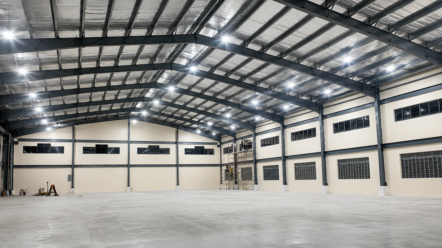 Interior view of a 1,375㎡ Philippines warehouse with Q355B H-steel framing, insulated roof and bright LED lighting.
