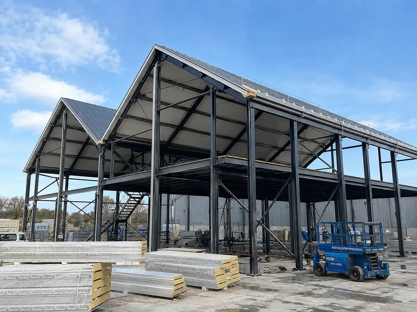 Romania steel structure logistics warehouse under construction with insulated roof panels and steel frame