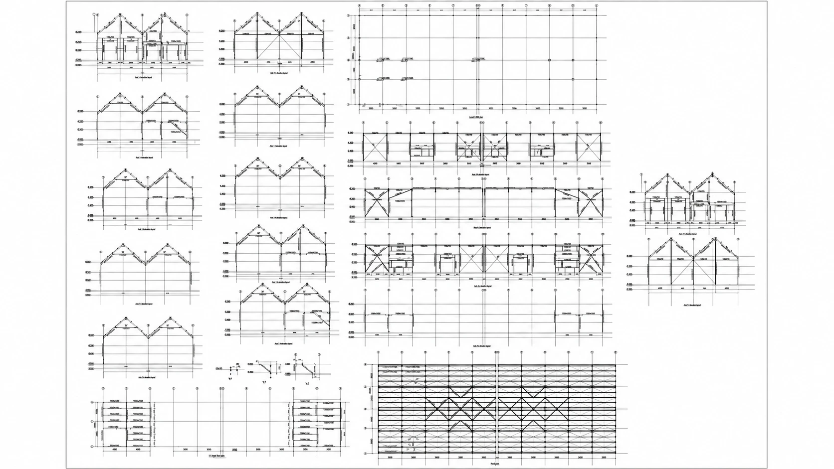 Steel structure warehouse design drawings with plans, elevations and twin-gable frame layouts for the Romania project.