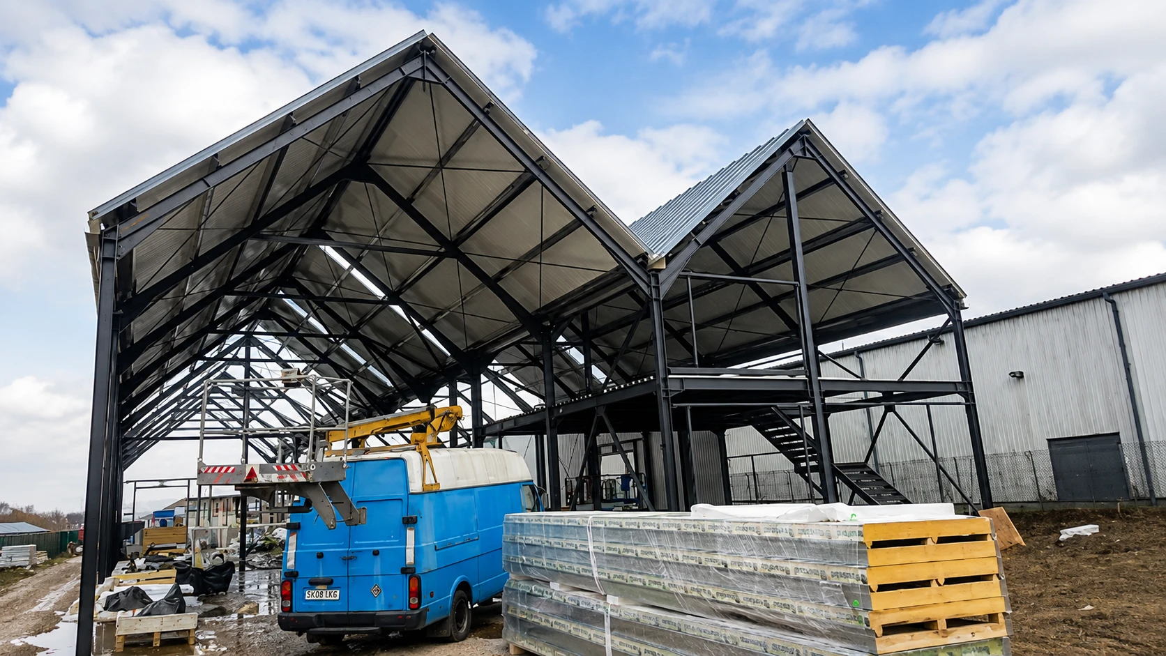 Steel frame erection and roof panel installation during construction of the Romania steel structure warehouse.