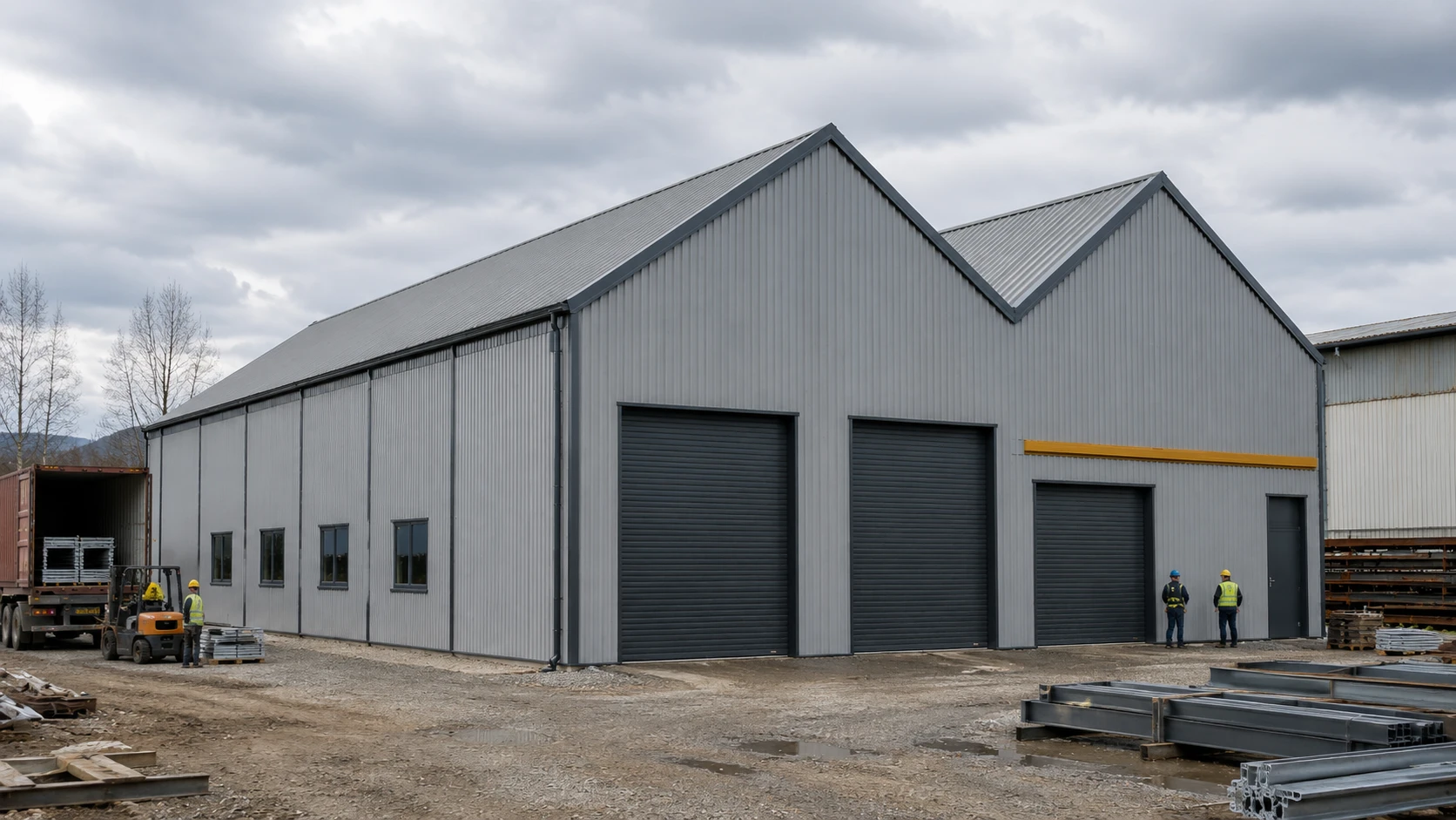 Completed Romania steel warehouse project with truck, forklift, materials, and workers onsite