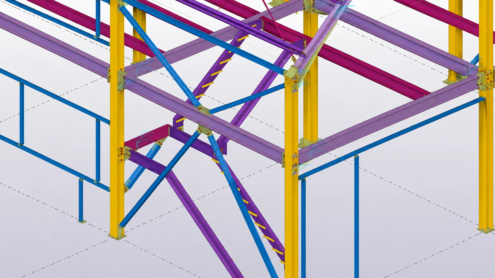 3D model of steel column, beam and bracing connections for the Romania warehouse structural design.